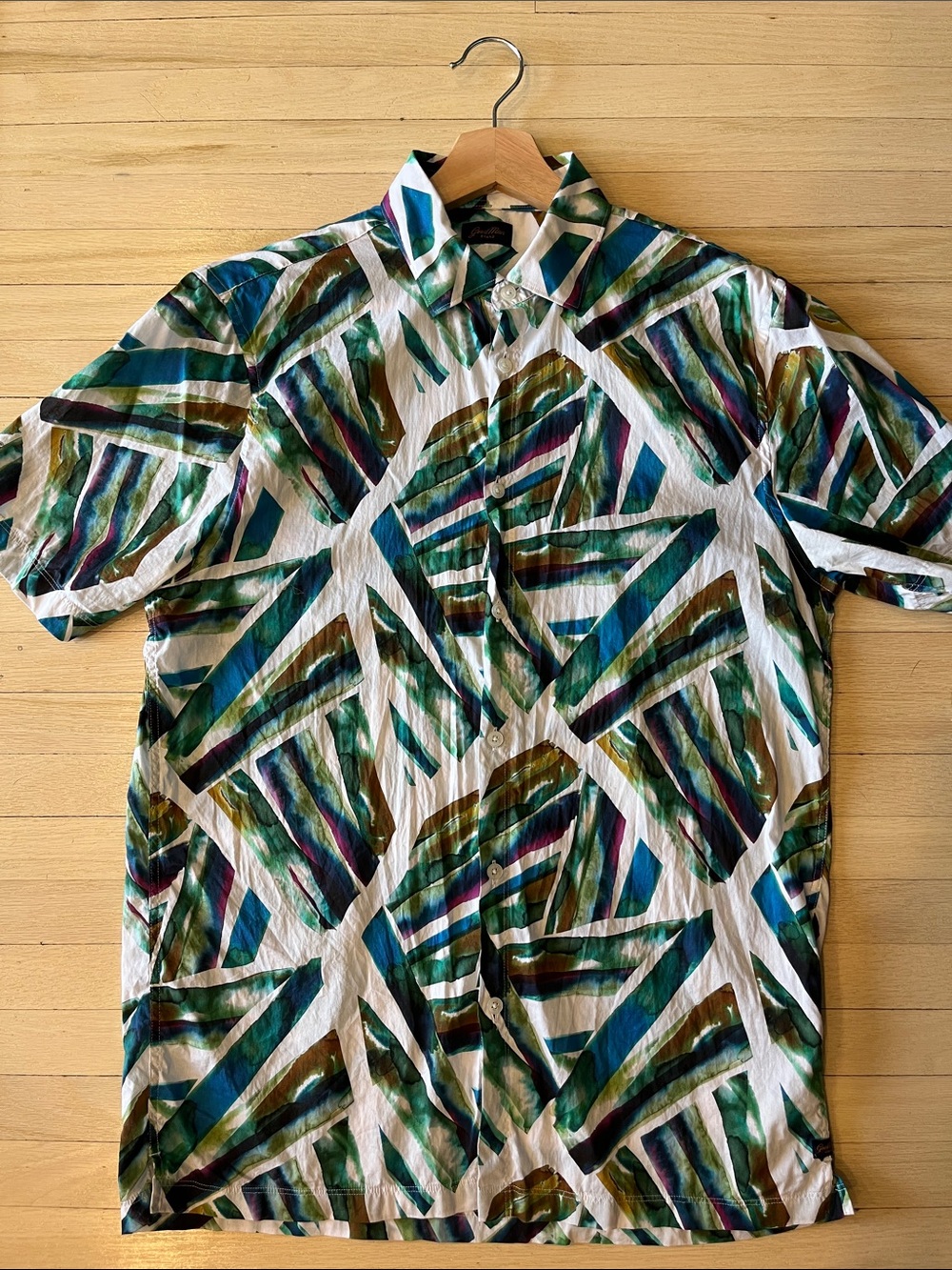 Goodman Brand (Designer) - Abstract Leaf Print Button-Up Shirt in Teal & Olive